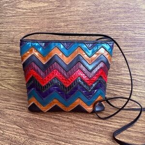 Vintage Sharif Leather Bold Multicolor Patchwork Chevron Crossbody‎ Bag RARE